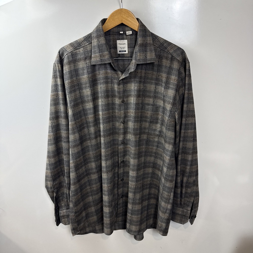 Haupt Men's Brown Gray Blue Plaid 100% Cotton Flannel Size XL  43/44  17.5